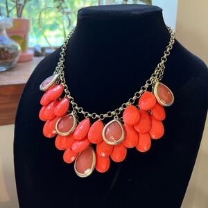 Bright Coral Bib Necklace - Gold Tone